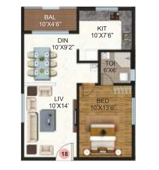 Floor plan of 1 BHK 760 Sq. Ft. Apartment in Samhita Serene MTB, Bangalore