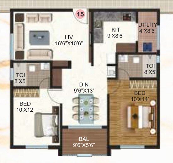 Floor plan of 2 BHK 1150 Sq. Ft. Apartment in Samhita Serene MTB, Bangalore