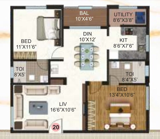 Floor plan of 2 BHK 1185 Sq. Ft. Apartment in Samhita Serene MTB, Bangalore