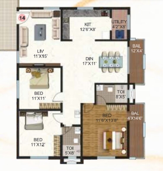 Floor plan of 3 BHK 1500 Sq. Ft. Apartment in Samhita Serene MTB, Bangalore