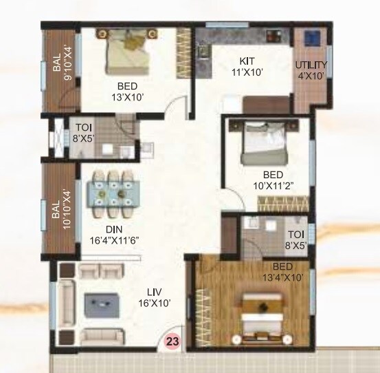Floor plan of 3 BHK 1620 Sq. Ft. Apartment in Samhita Serene MTB, Bangalore