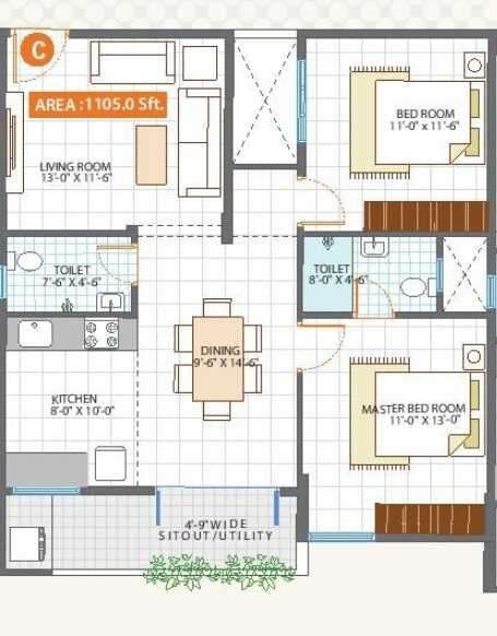 Floor plan of 2 BHK 1105 Sq. Ft. Apartment in Sampada Residency KR Puram, Bangalore