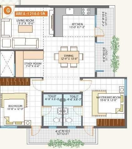 Floor plan of 2 BHK 1210 Sq. Ft. Apartment in Sampada Residency KR Puram, Bangalore