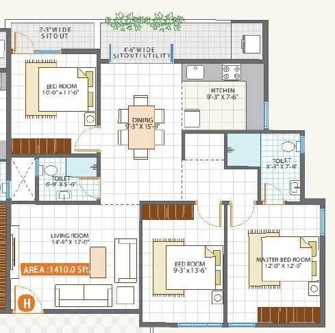 Floor plan of 3 BHK 1410 Sq. Ft. Apartment in Sampada Residency KR Puram, Bangalore