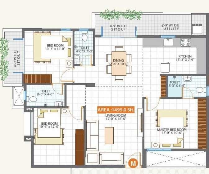 Floor plan of 3 BHK 1495 Sq. Ft. Apartment in Sampada Residency KR Puram, Bangalore