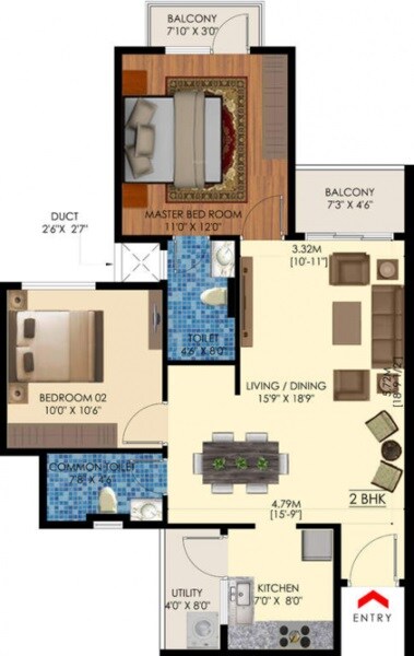 Floor plan of 2 BHK 960 Sq. Ft. Apartment in Samruddhi Lumbini Heights, Bangalore