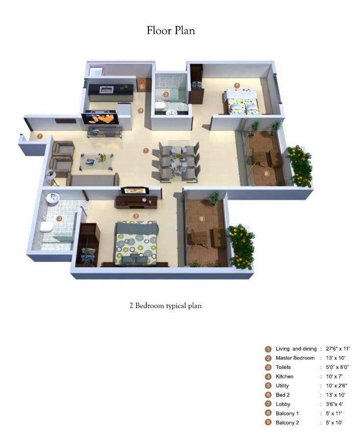 Floor plan of 2 BHK 1190 Sq. Ft. Apartment in Samruddhi Rhythm, Bangalore