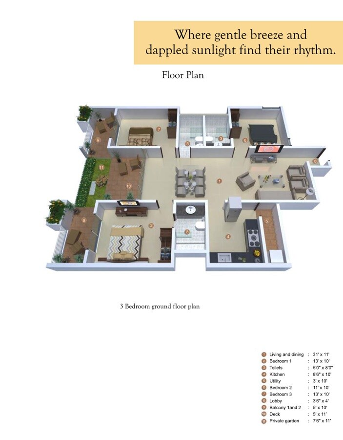Floor plan of 3 BHK 1635 Sq. Ft. Apartment in Samruddhi Rhythm, Bangalore