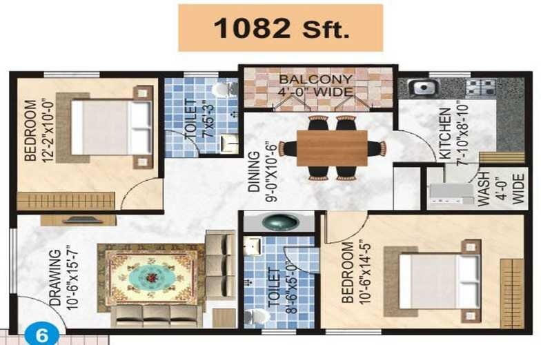 Floor plan of 2 BHK 1082 Sq. Ft. Apartment in Samruddhi Uplands, Bangalore