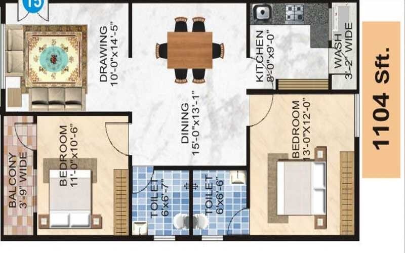 Floor plan of 2 BHK 1104 Sq. Ft. Apartment in Samruddhi Uplands, Bangalore
