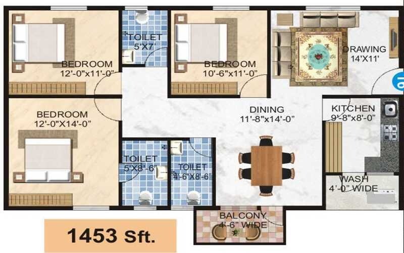 3 BHK 1453 Sq. Ft. Apartment