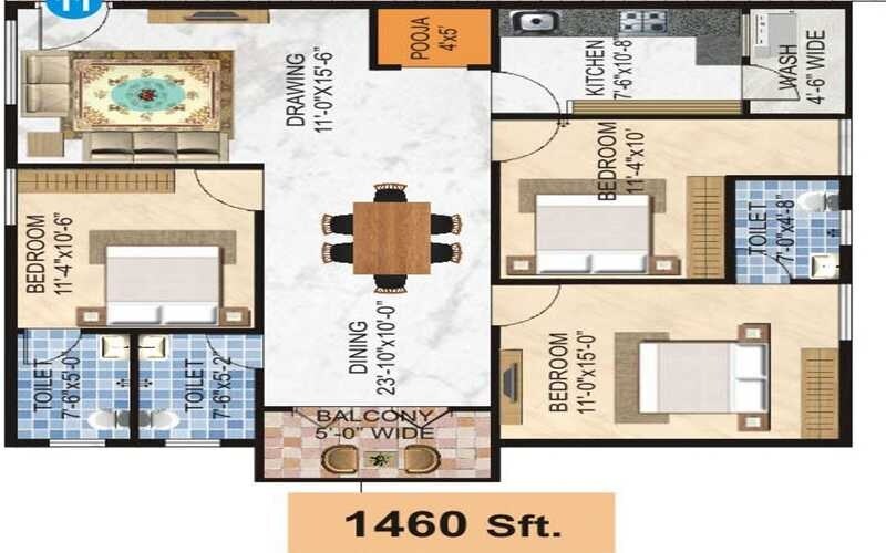 Floor plan of 3 BHK 1460 Sq. Ft. Apartment in Samruddhi Uplands, Bangalore