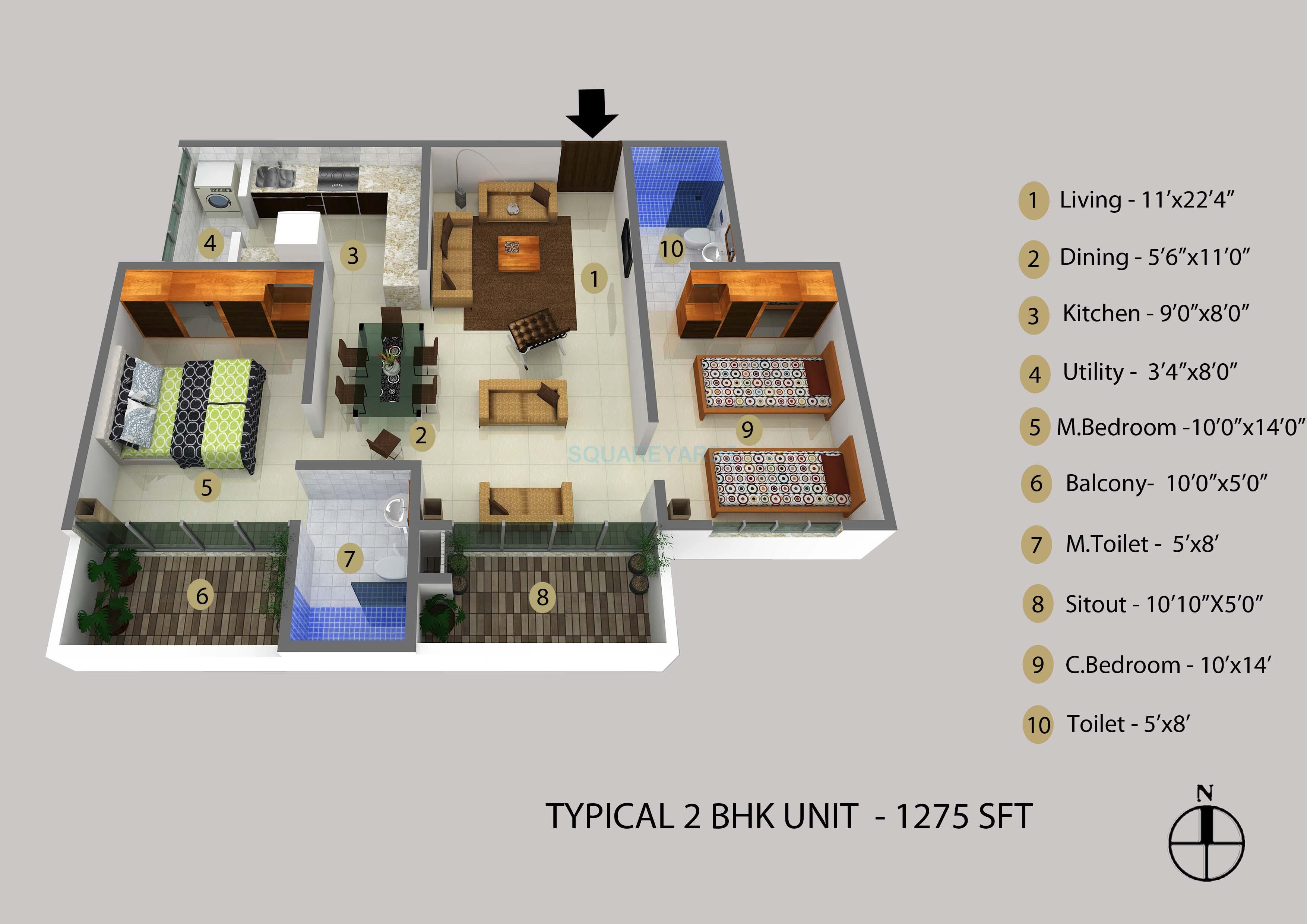 2 BHK 1275 Sq. Ft. Apartment