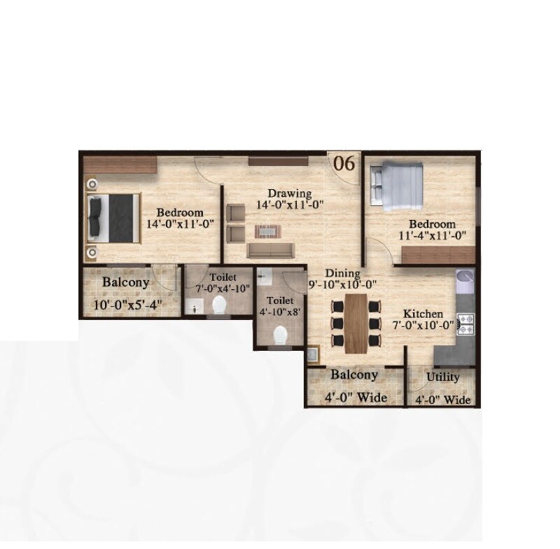 Floor plan of 2 BHK 1135 Sq. Ft. Apartment in Samsiddhi Springs, Bangalore