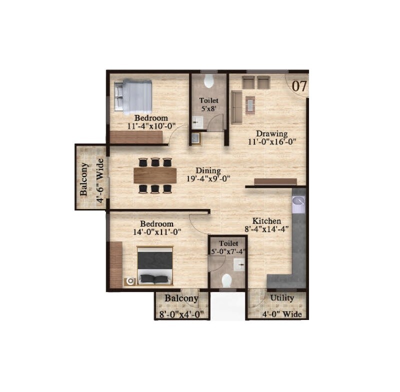 Floor plan of 2 BHK 1288 Sq. Ft. Apartment in Samsiddhi Springs, Bangalore