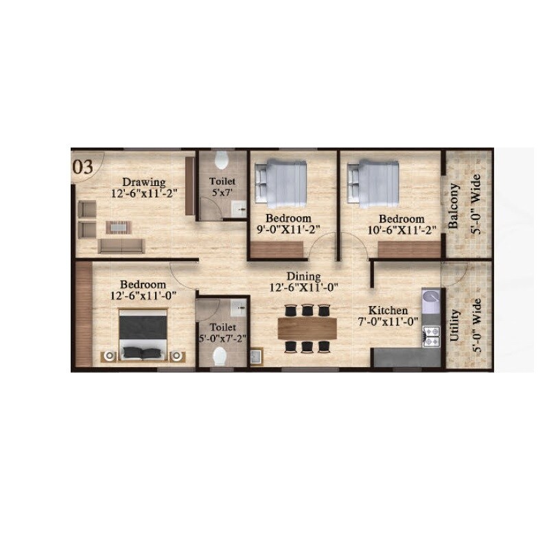 Floor plan of 3 BHK 1293 Sq. Ft. Apartment in Samsiddhi Springs, Bangalore