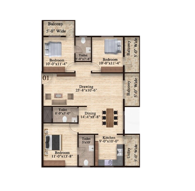 Floor plan of 3 BHK 1676 Sq. Ft. Apartment in Samsiddhi Springs, Bangalore