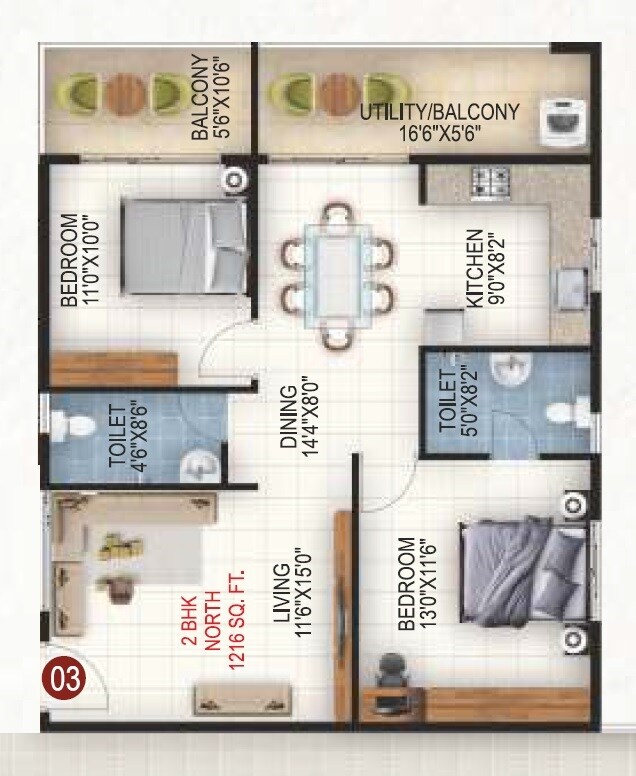 Floor plan of 2 BHK 1216 Sq. Ft. Apartment in Samyuktha The Golden Gate House, Bangalore