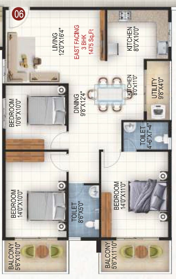 Floor plan of 3 BHK 1475 Sq. Ft. Apartment in Samyuktha The Golden Gate House, Bangalore