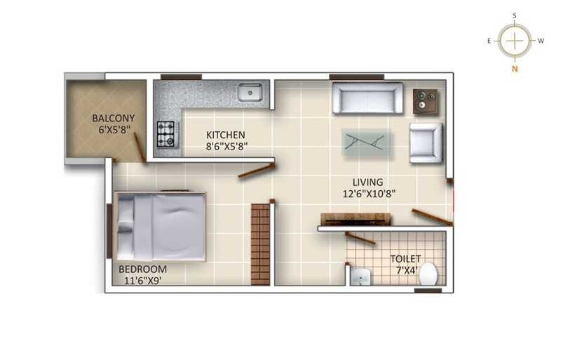 Floor plan of 1 BHK 531 Sq. Ft. Apartment in Sanathana Vrushabhadri Mountain, Bangalore