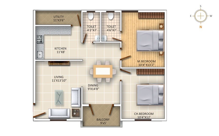 Floor plan of 2 BHK 1050 Sq. Ft. Apartment in Sanathana Vrushabhadri Mountain, Bangalore