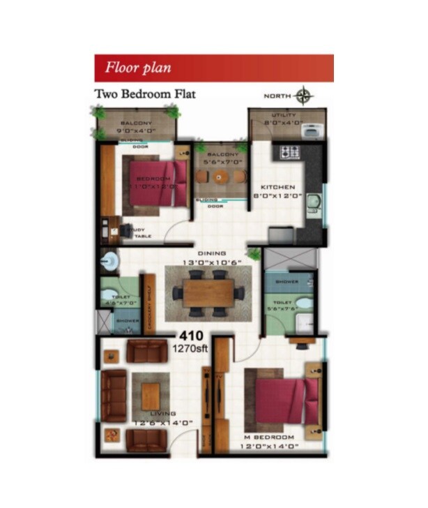 Floor plan of 2 BHK 1270 Sq. Ft. Apartment in Sands Gateway, Bangalore
