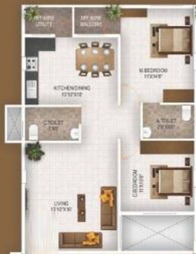 Floor plan of 2 BHK 1095 Sq. Ft. Apartment in Sanjeevini Pebbles, Bangalore