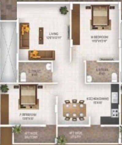 Floor plan of 2 BHK 1195 Sq. Ft. Apartment in Sanjeevini Pebbles, Bangalore