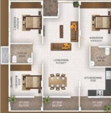 Floor plan of 3 BHK 1400 Sq. Ft. Apartment in Sanjeevini Pebbles, Bangalore