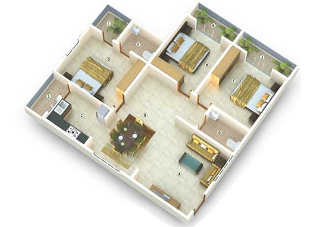 Floor plan of 3 BHK 1349 Sq. Ft. Apartment in Sanjeevini Sanctuary, Bangalore