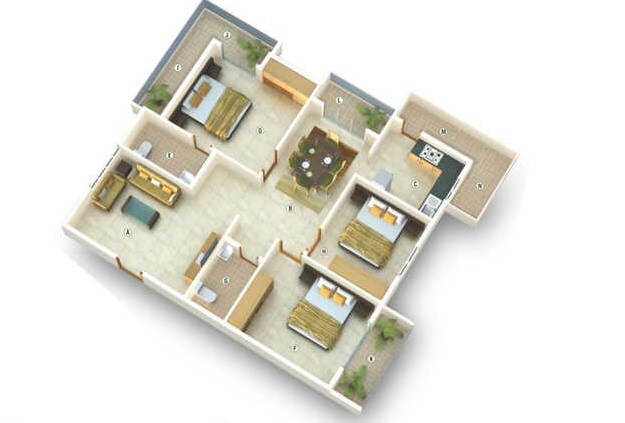 Floor plan of 3 BHK 1634 Sq. Ft. Apartment in Sanjeevini Sanctuary, Bangalore