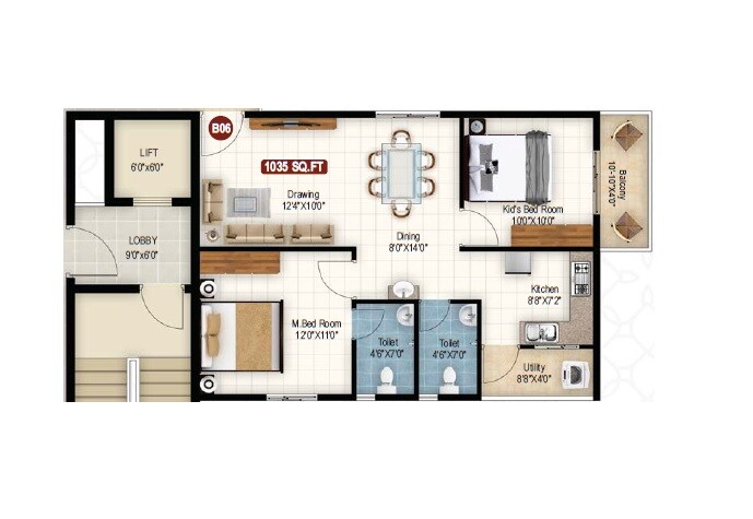 Floor plan of 2 BHK 1035 Sq. Ft. Apartment in Sanjeevini Srushti, Bangalore