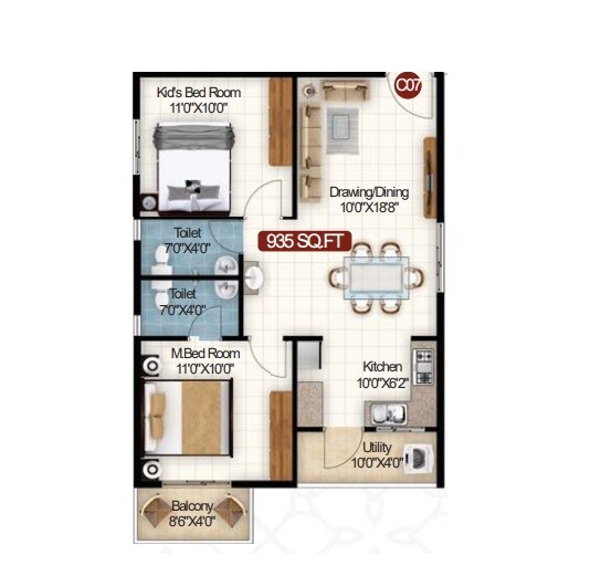 Floor plan of 2 BHK 935 Sq. Ft. Apartment in Sanjeevini Srushti, Bangalore