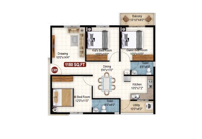 Floor plan of 3 BHK 1180 Sq. Ft. Apartment in Sanjeevini Srushti, Bangalore