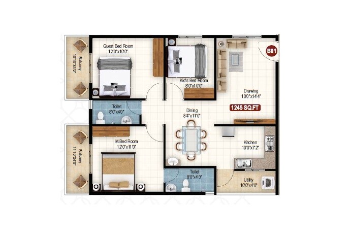 Floor plan of 3 BHK 1275 Sq. Ft. Apartment in Sanjeevini Srushti, Bangalore