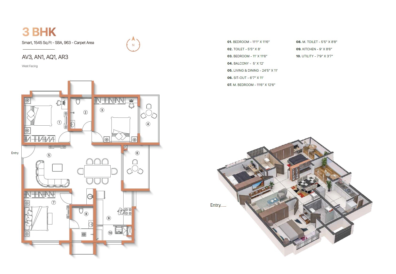 Floor plan of 3 BHK 1545 Sq. Ft. Apartment in Sanjeevini The Adwaith, Bangalore
