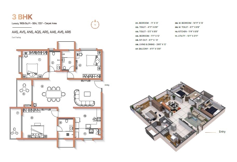 Floor plan of 3 BHK 1935 Sq. Ft. Apartment in Sanjeevini The Adwaith, Bangalore