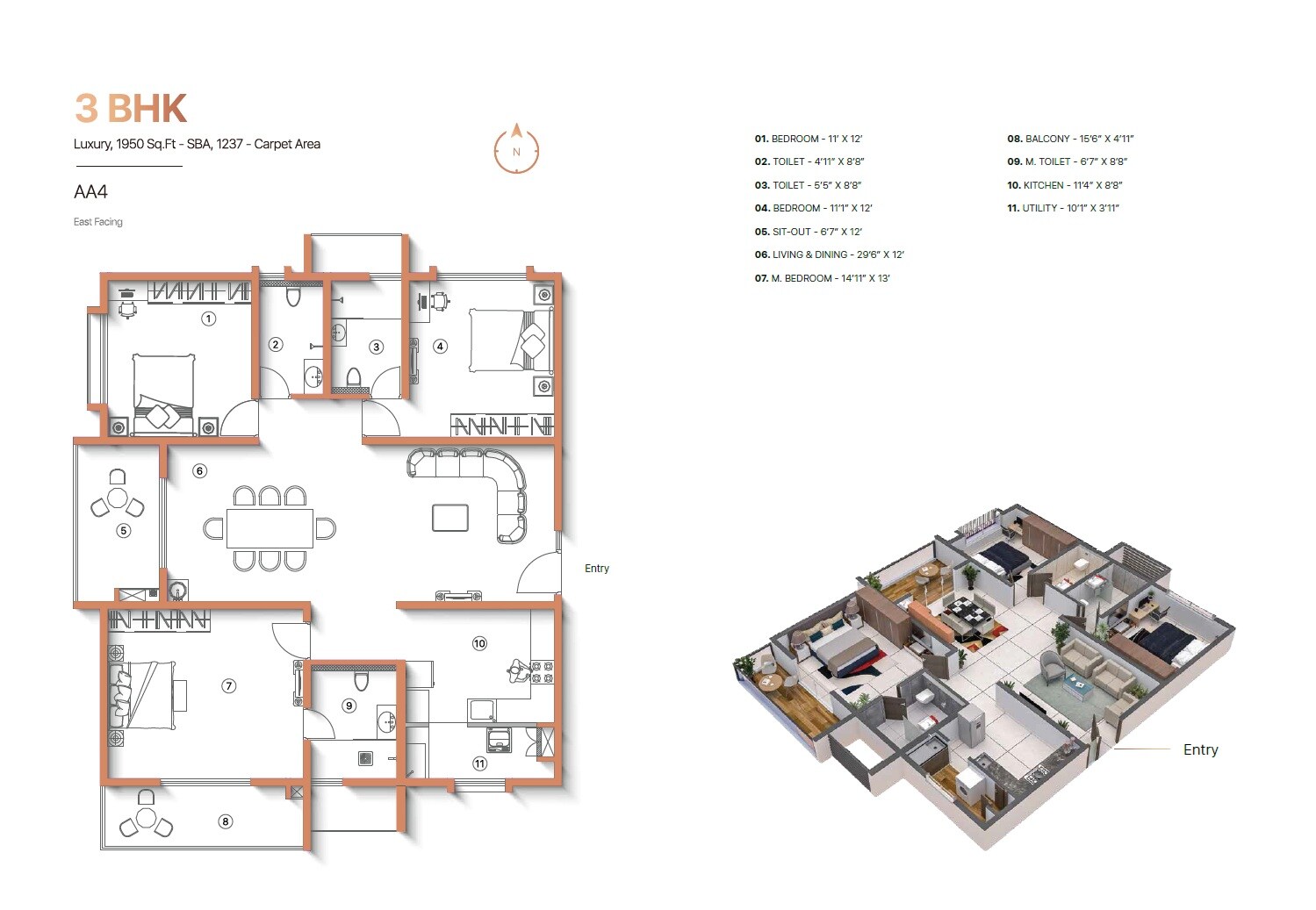 Floor plan of 3 BHK 1995 Sq. Ft. Apartment in Sanjeevini The Adwaith, Bangalore