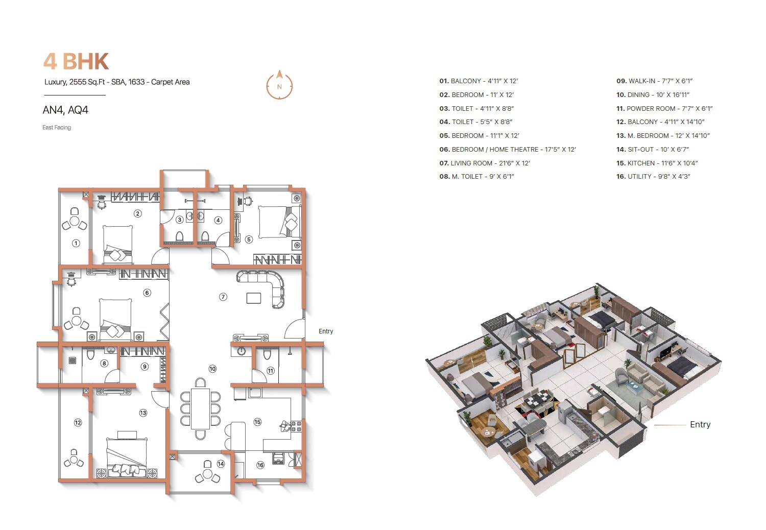 Floor plan of 4 BHK 2555 Sq. Ft. Apartment in Sanjeevini The Adwaith, Bangalore