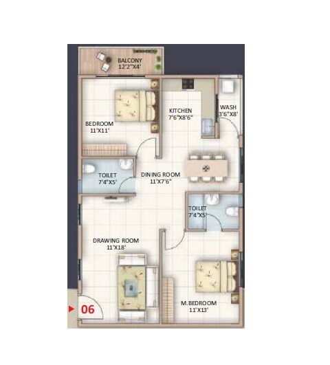 Floor plan of 2 BHK 1170 Sq. Ft. Apartment in Sanjeevini Vaibhav, Bangalore