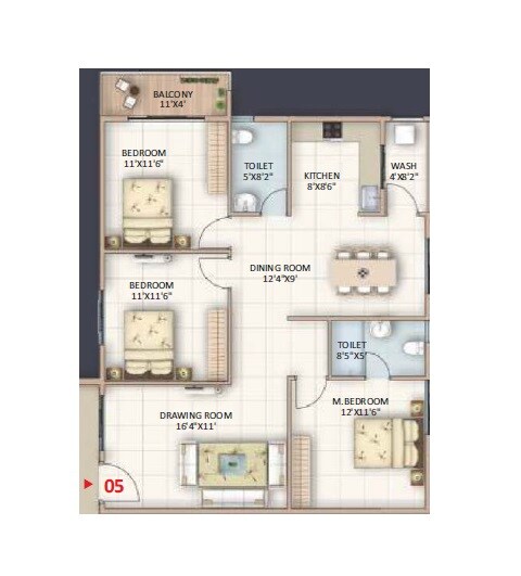 Floor plan of 3 BHK 1320 Sq. Ft. Apartment in Sanjeevini Vaibhav, Bangalore