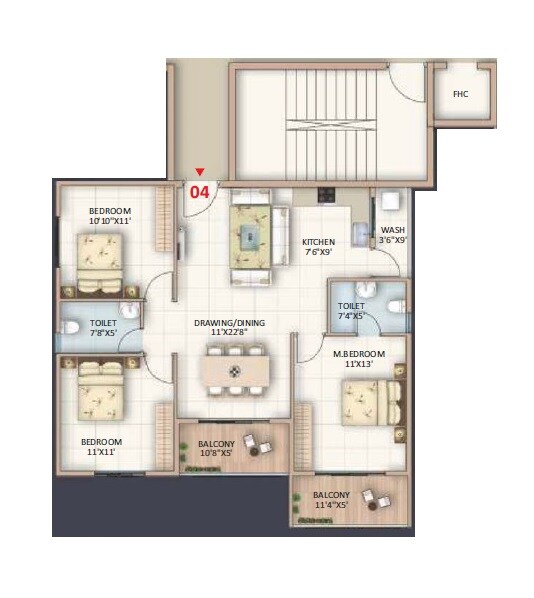 Floor plan of 3 BHK 1665 Sq. Ft. Apartment in Sanjeevini Vaibhav, Bangalore