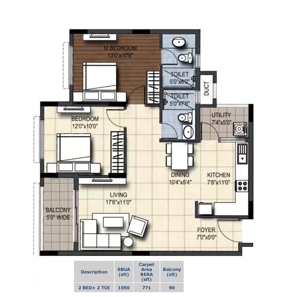 Floor plan of 2 BHK 1050 Sq. Ft. Apartment in Sankalp Square, Bangalore