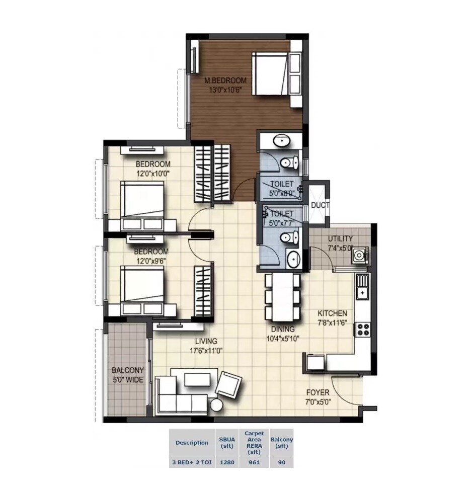Floor plan of 3 BHK 1280 Sq. Ft. Apartment in Sankalp Square, Bangalore