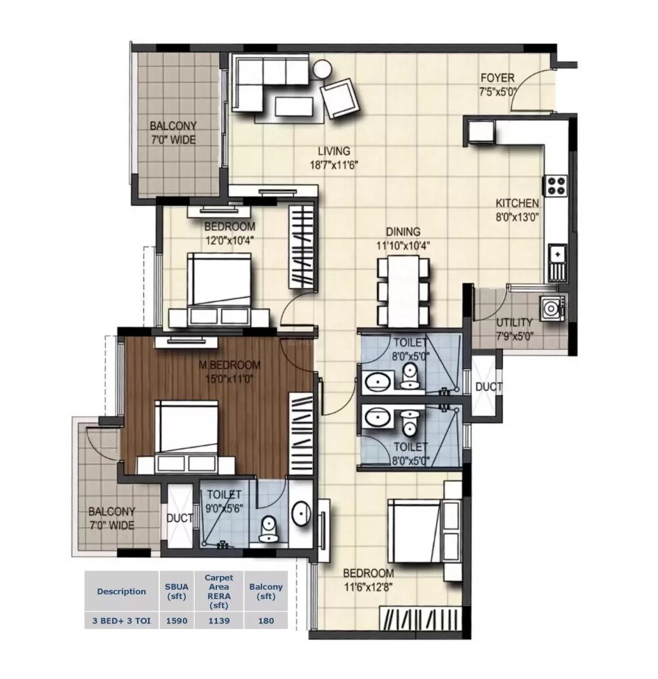 Floor plan of 3 BHK 1590 Sq. Ft. Apartment in Sankalp Square, Bangalore