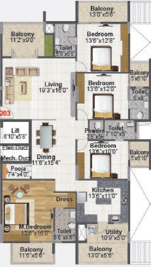 Floor plan of 4 BHK 2576 Sq. Ft. Apartment in Sansidh Galaxy, Bangalore