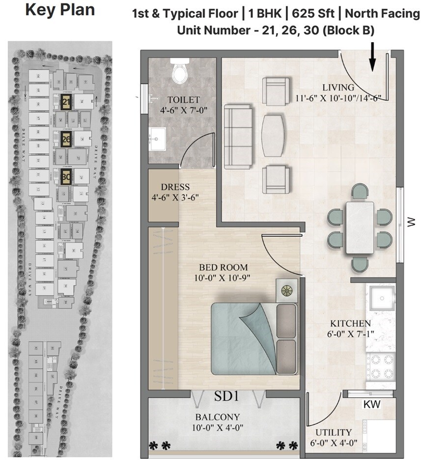 Floor plan of 1 BHK 625 Sq. Ft. Apartment in Sanvi Aero Gardens, Bangalore