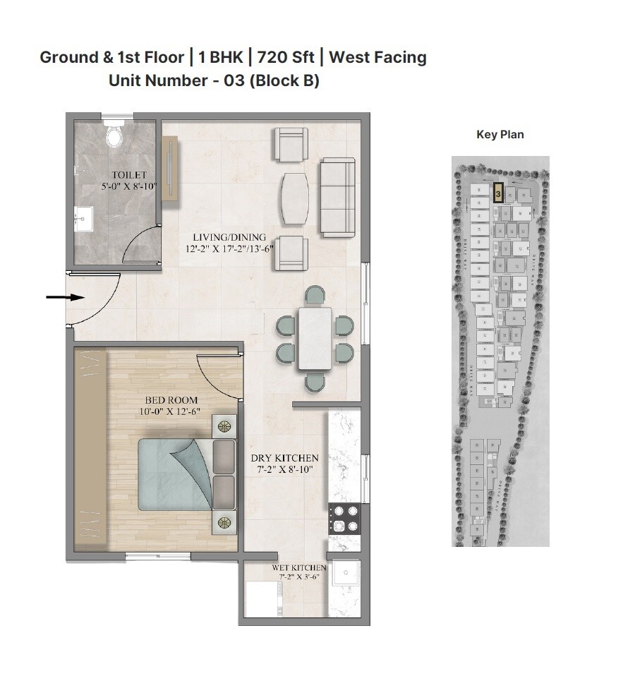 Floor plan of 1 BHK 720 Sq. Ft. Apartment in Sanvi Aero Gardens, Bangalore