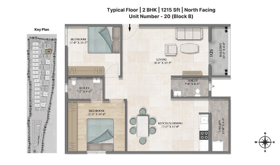Floor plan of 2 BHK 1215 Sq. Ft. Apartment in Sanvi Aero Gardens, Bangalore