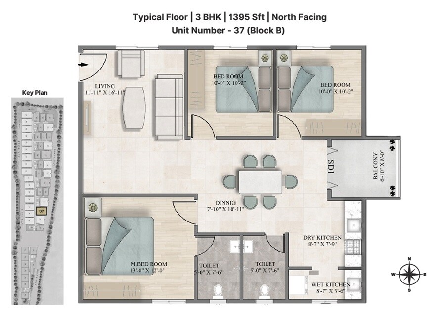 Floor plan of 3 BHK 1395 Sq. Ft. Apartment in Sanvi Aero Gardens, Bangalore